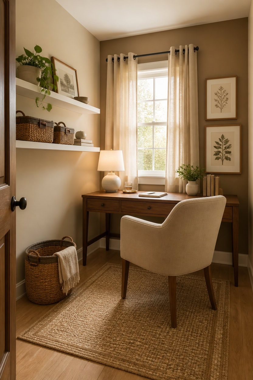 Bright home office featuring a window with sheer curtains, a wooden desk, and a comfortable beige chair. Perfect for working.