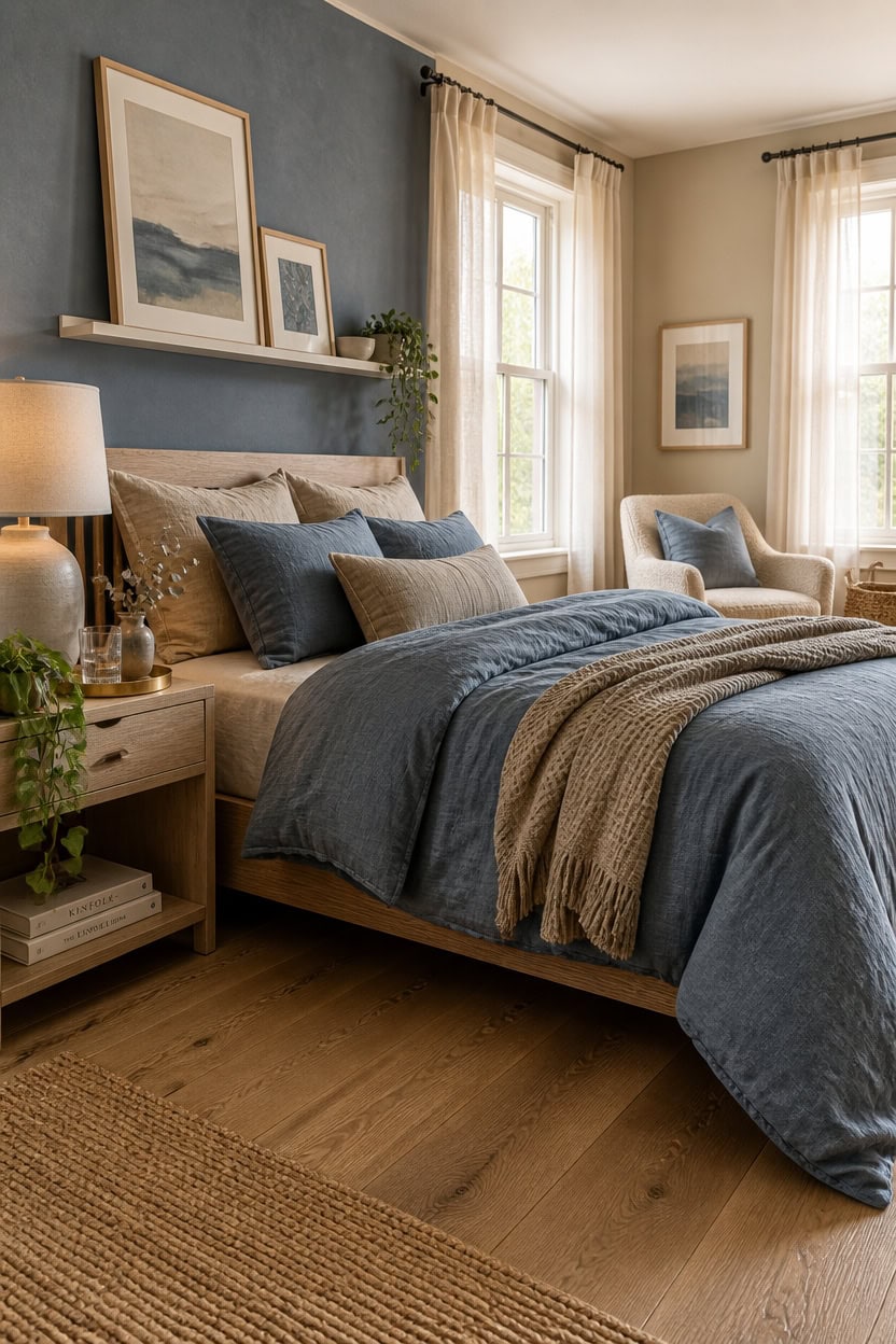 Comfortable bedroom with stylish bedding, artwork, and natural light.