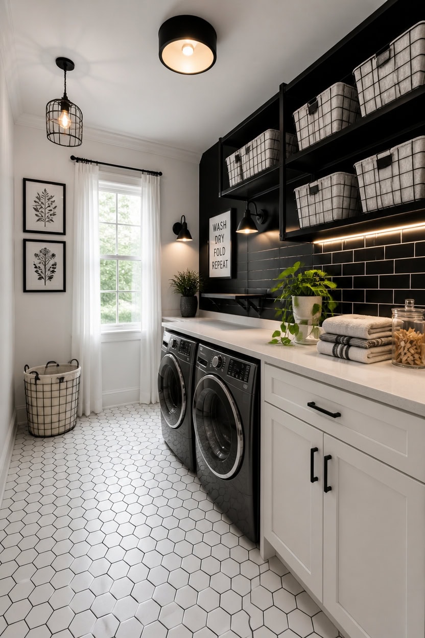 Stylish laundry room featuring black cabinetry, white countertops, and hexagonal tile flooring.