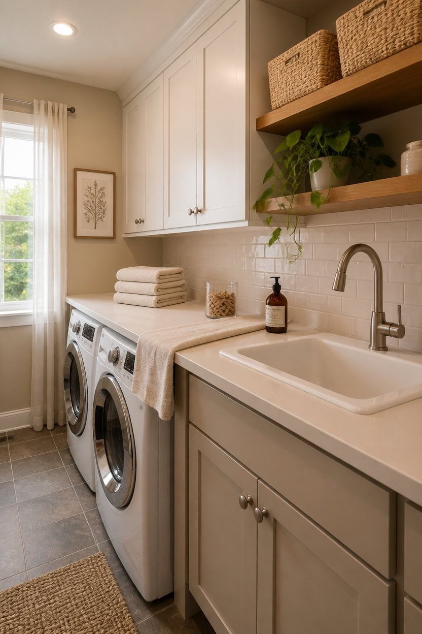 Bright laundry room featuring white cabinetry, a utility sink, and natural light from a large window. Perfect for apartment l.