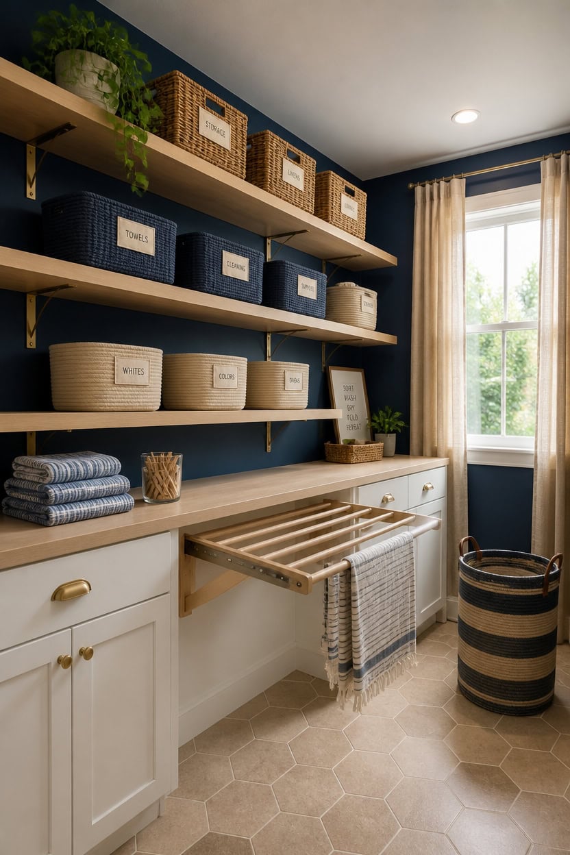 Organized laundry room with shelves, storage baskets, and natural light.