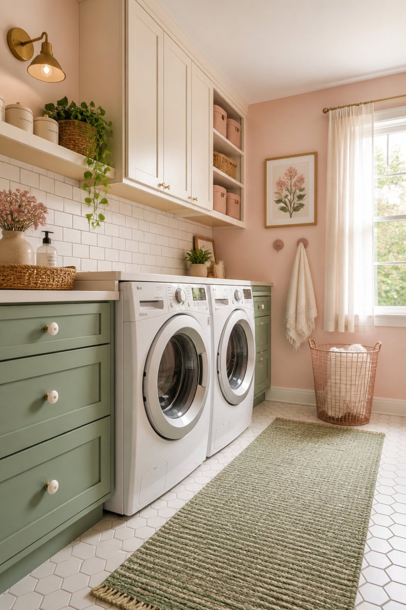 warm whites and sage cabinets