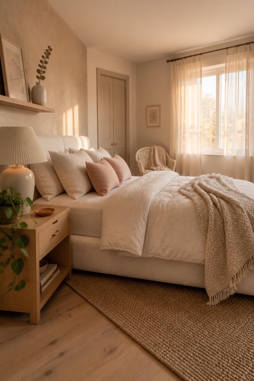 Bright and inviting bedroom with soft neutral tones and plush bedding, perfect for relaxing at Apartment ABC.