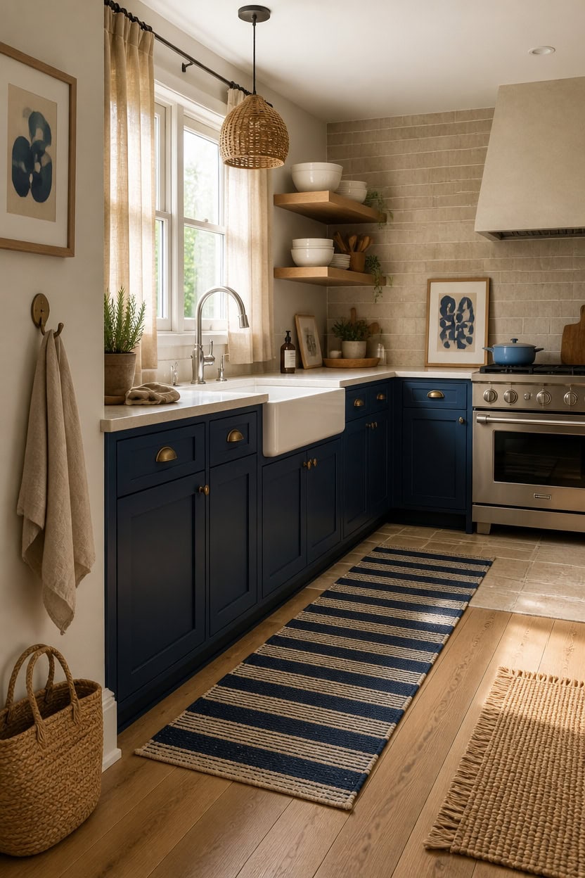 Bright kitchen featuring navy blue cabinets, open shelving, and a farmhouse sink. Perfect for apartm.