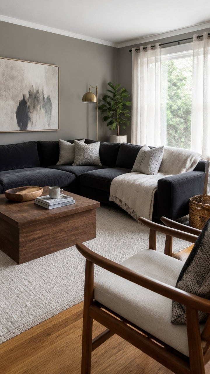 warm wood balances gray walls