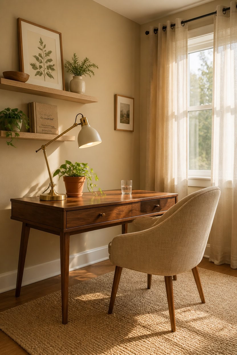 Bright home office with wooden desk, beige armchair, and decorative wall art. Sunlight streams through sheer curtains, creati.