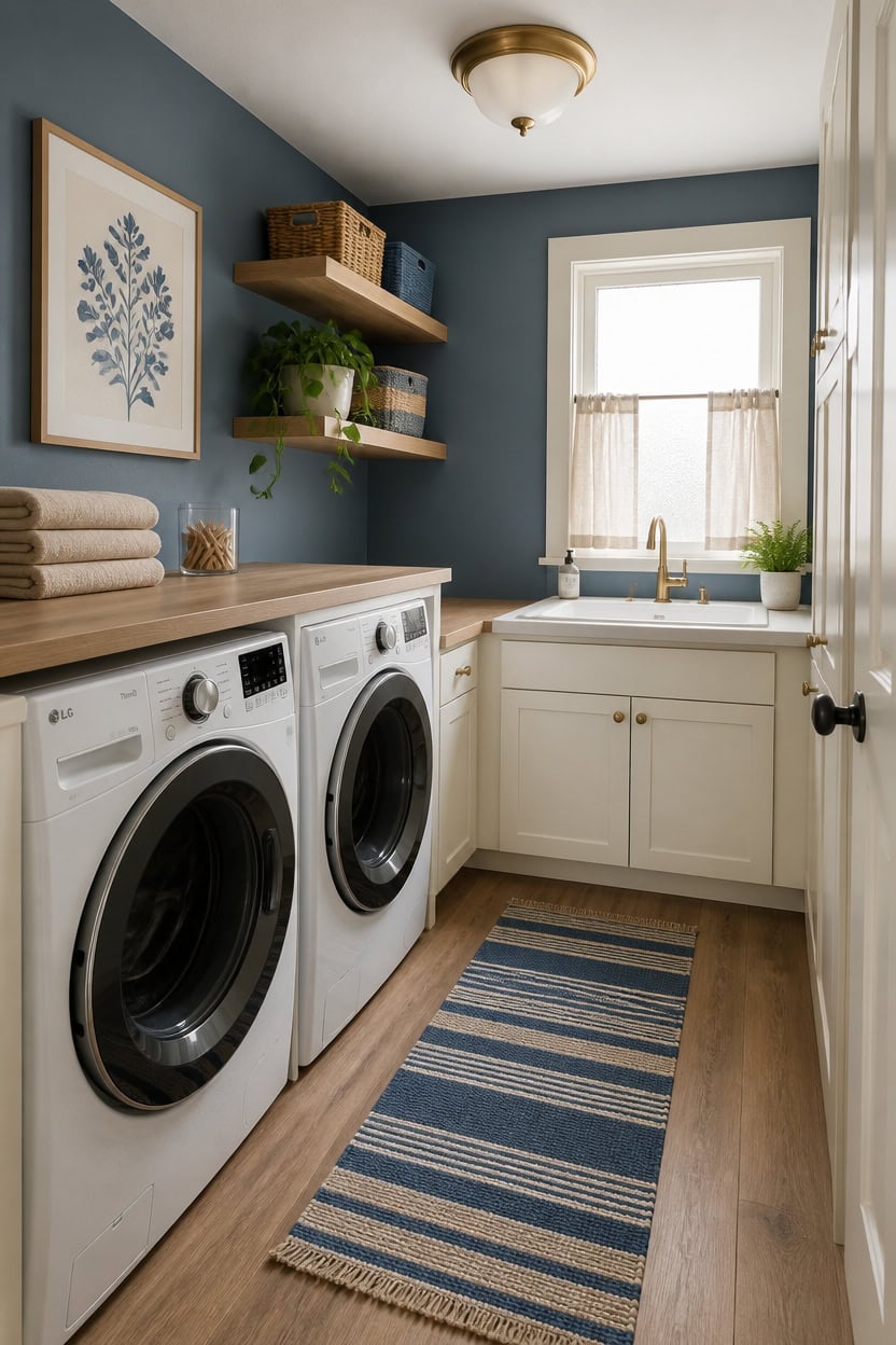 Laundry room with washer, sink, and storage shelves.