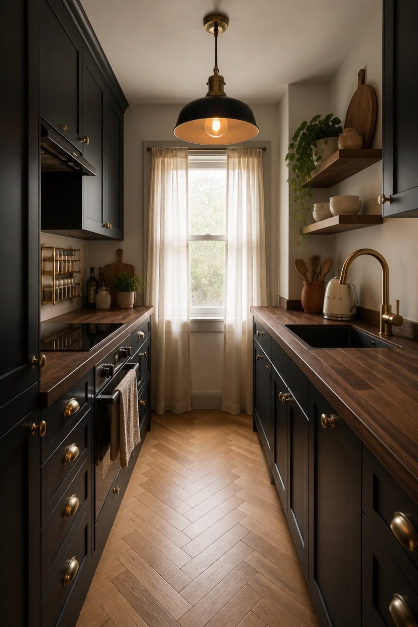 Small modern kitchen with dark cabinetry, wooden countertops, and a window with sheer curtains.