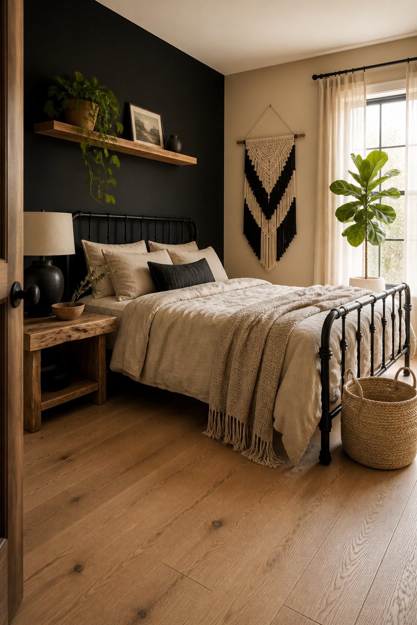 Bright and inviting bedroom featuring a black metal bed frame, neutral bedding, and stylish decor. P.