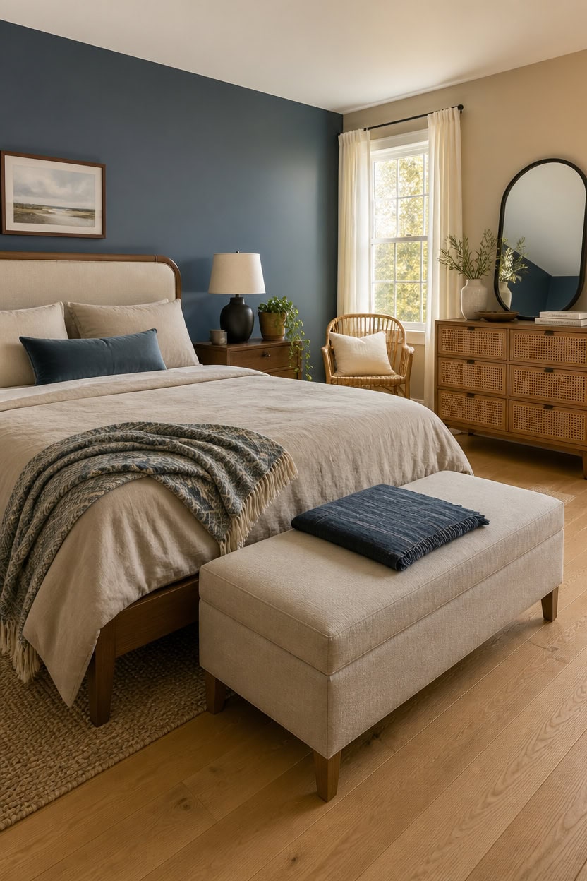 Comfortable bedroom with stylish decor, large window, and elegant furniture.