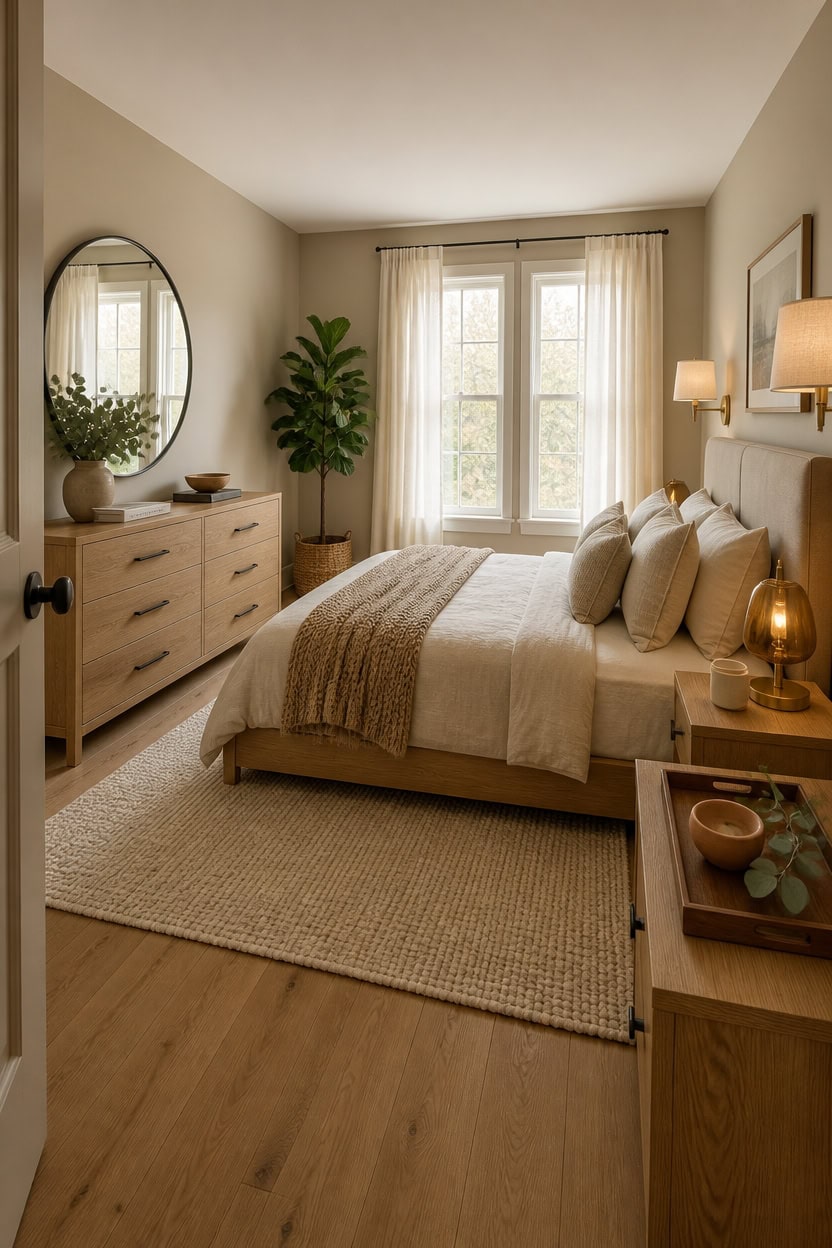 Bright and inviting bedroom featuring large windows and modern decor. Perfect for relaxing and enjoying a comfortable living.
