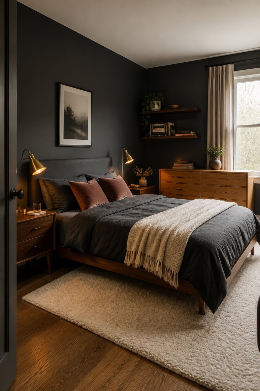 warm wood tones with charcoal