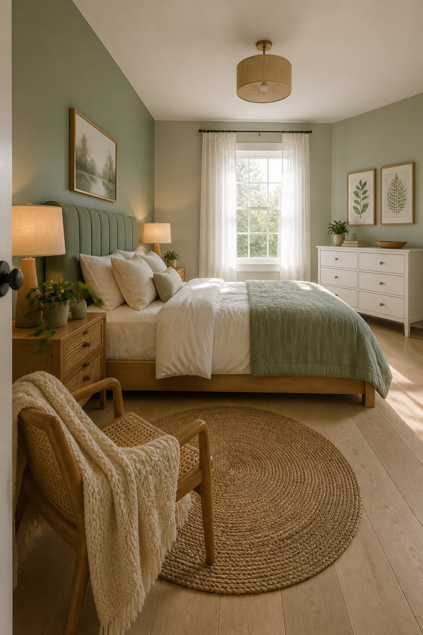 Bright and inviting bedroom with a large window, soft green accent wall, and modern decor. Perfect f.