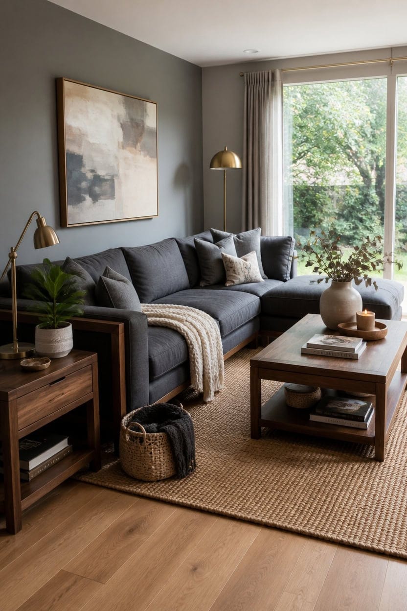 warm wood with gray upholstery