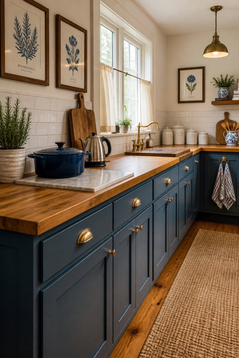 Bright kitchen with blue cabinets, wooden countertop, and botanical decor.