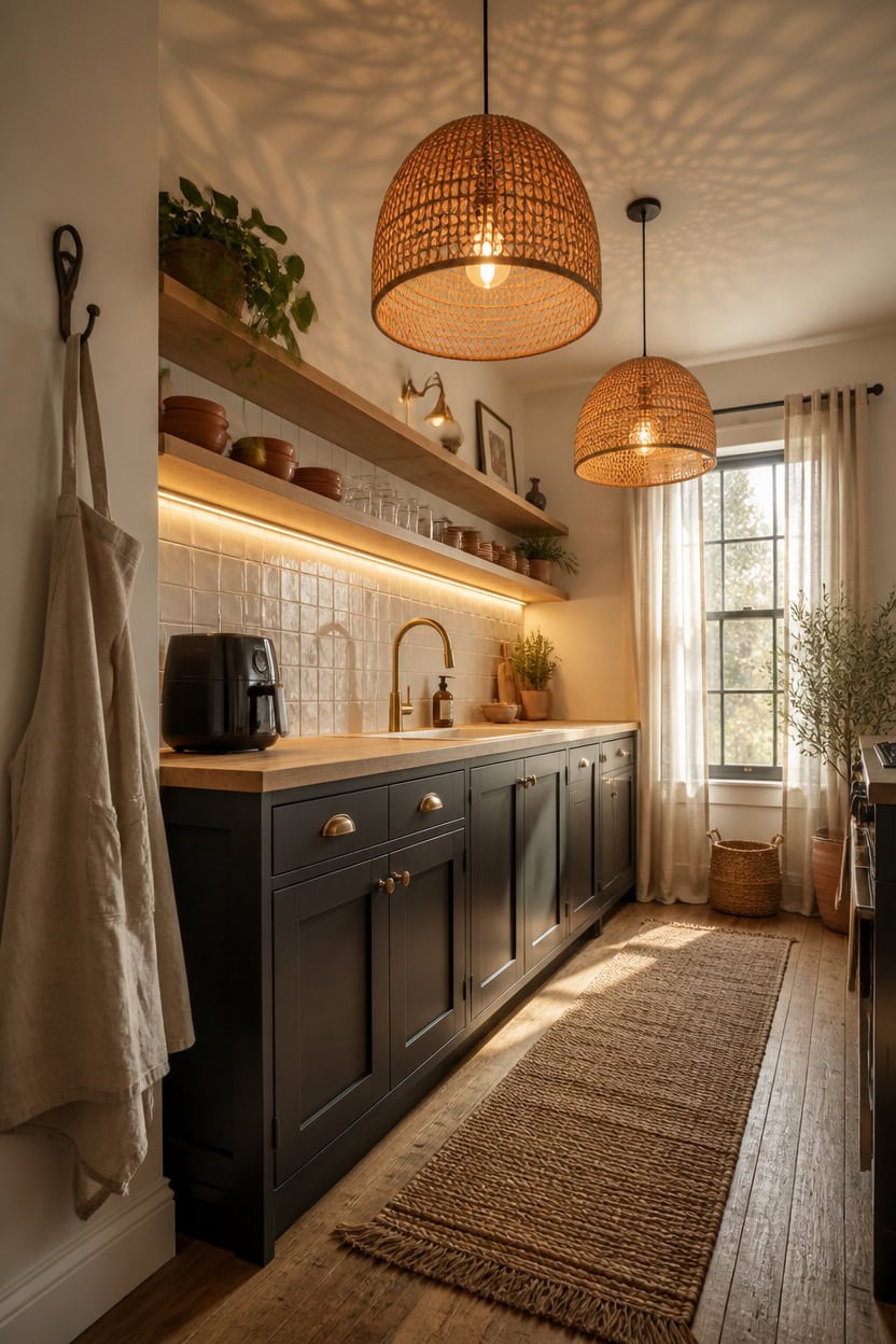 Bright kitchen with navy cabinets, wooden accents, and hanging wicker pendant lights. Features a win.