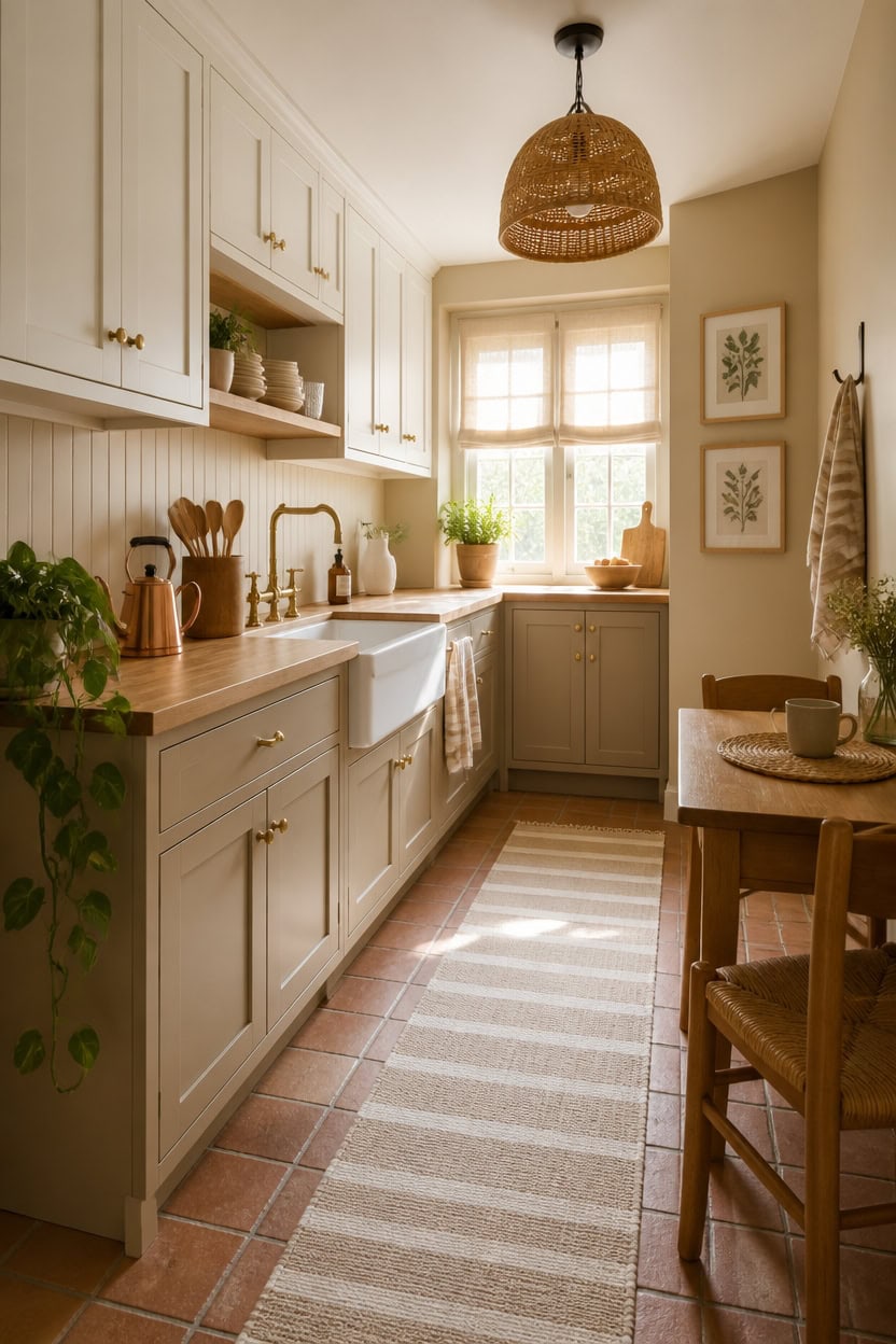 Charming kitchen featuring white cabinetry, a farmhouse sink, and a window with sunlight. Perfect for a warm, inviting apartm.