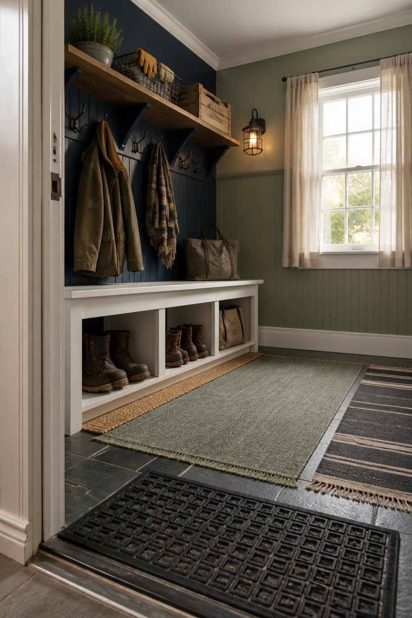 Entryway with wall-mounted shelves, coat hooks, and shoe storage.