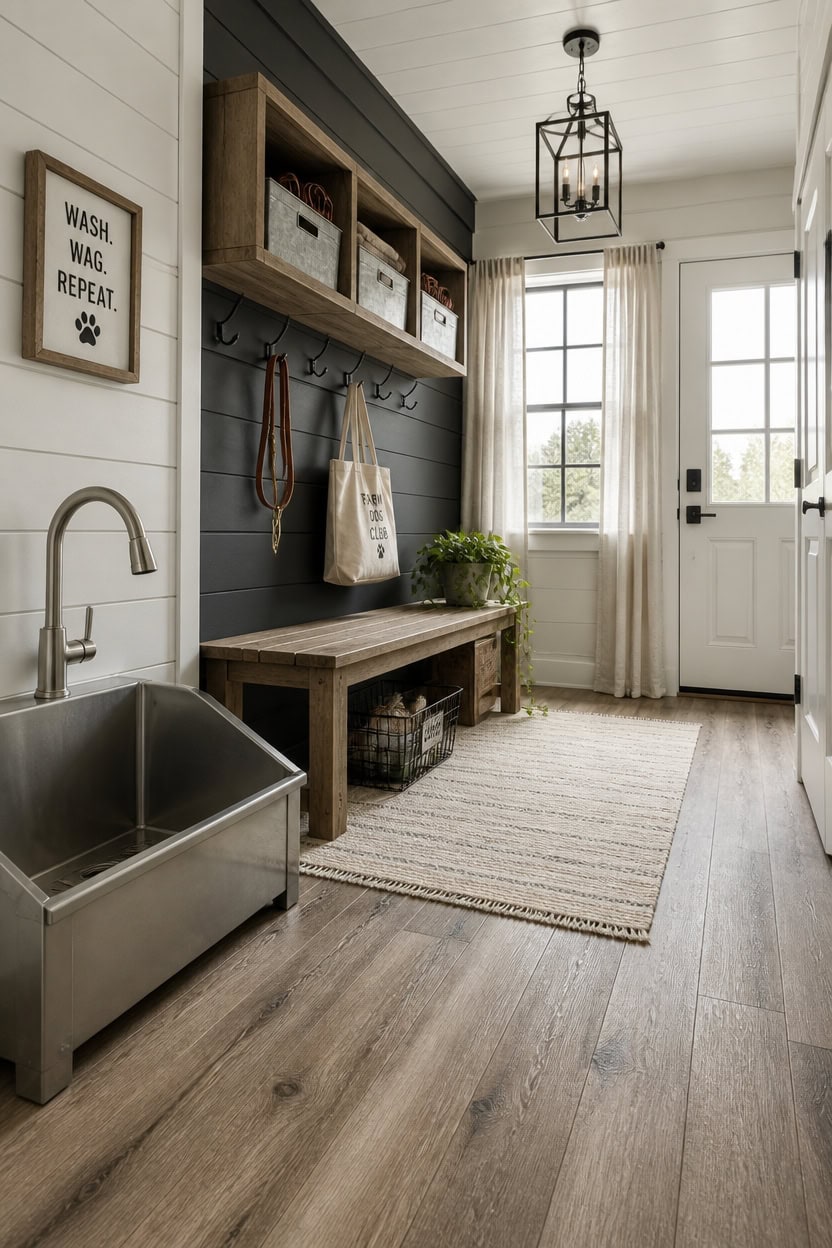 Bright mudroom with wooden bench, wall hooks, storage baskets, and large window.