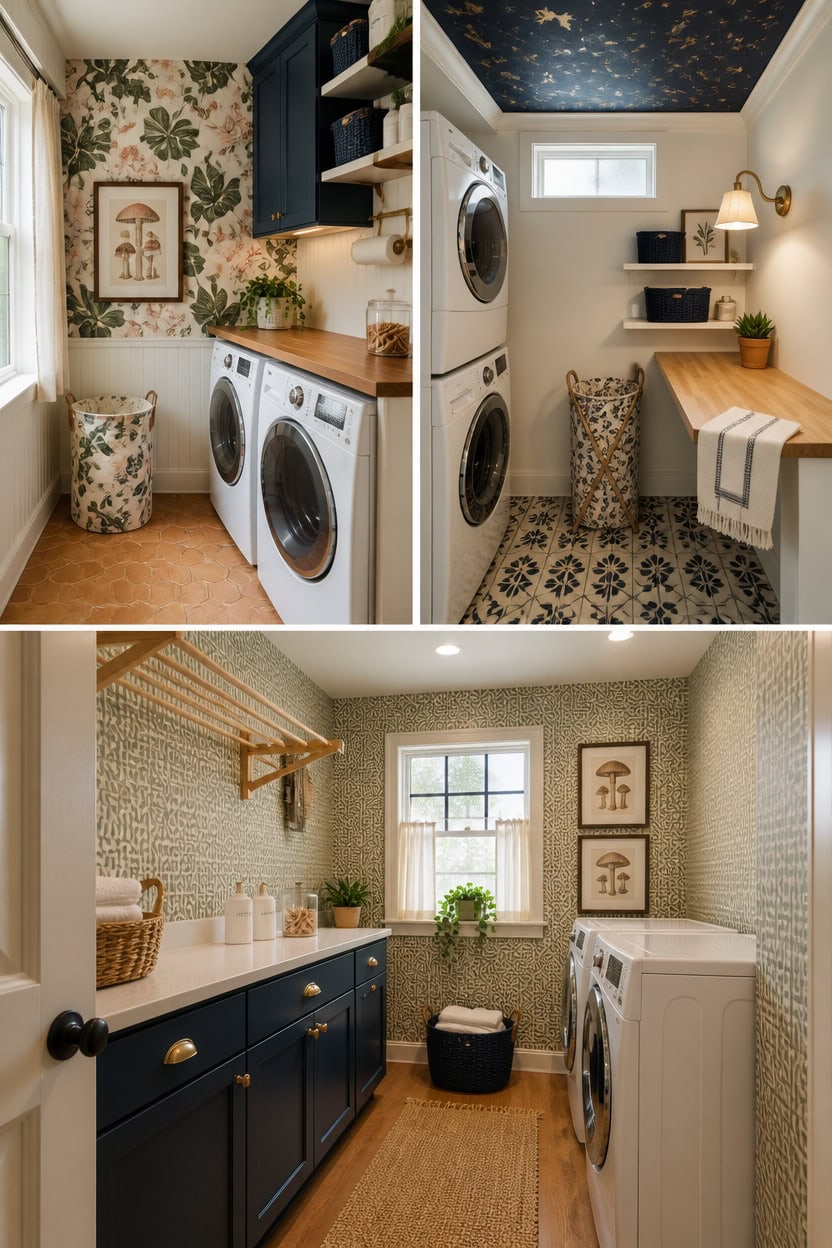 Bright laundry room with washer and dryer, floral wallpaper, and decorative accents.