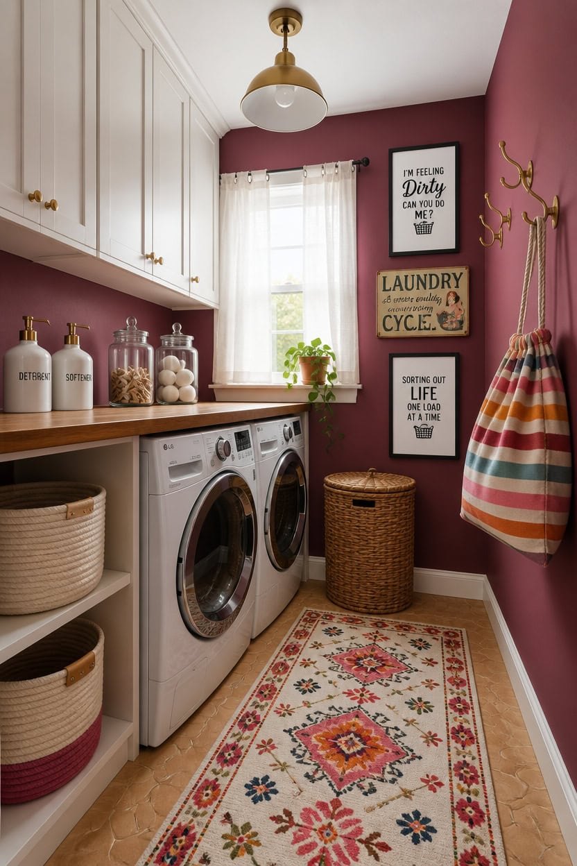 Bright laundry room with white cabinets, pink accent wall, and organized storage. Features washer an.