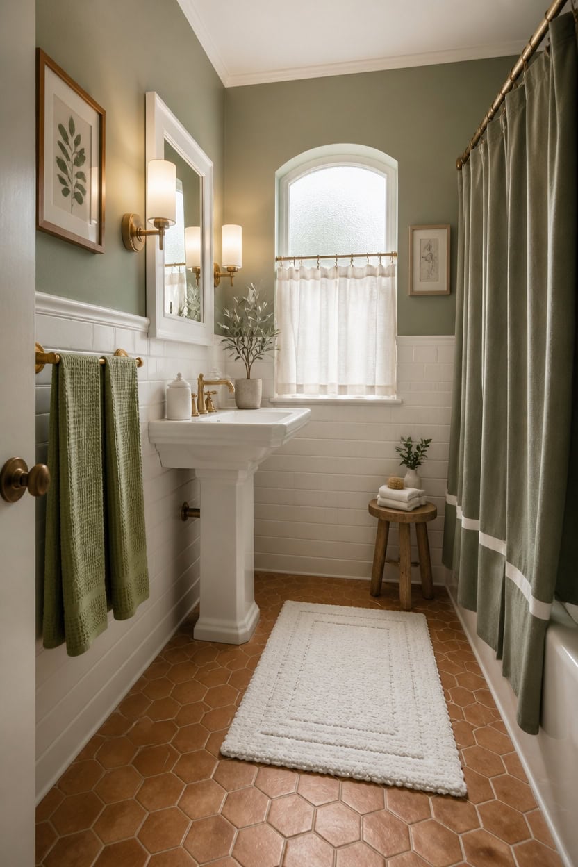 Bright bathroom featuring a pedestal sink, green towels, and natural light from a window. Elegant de.