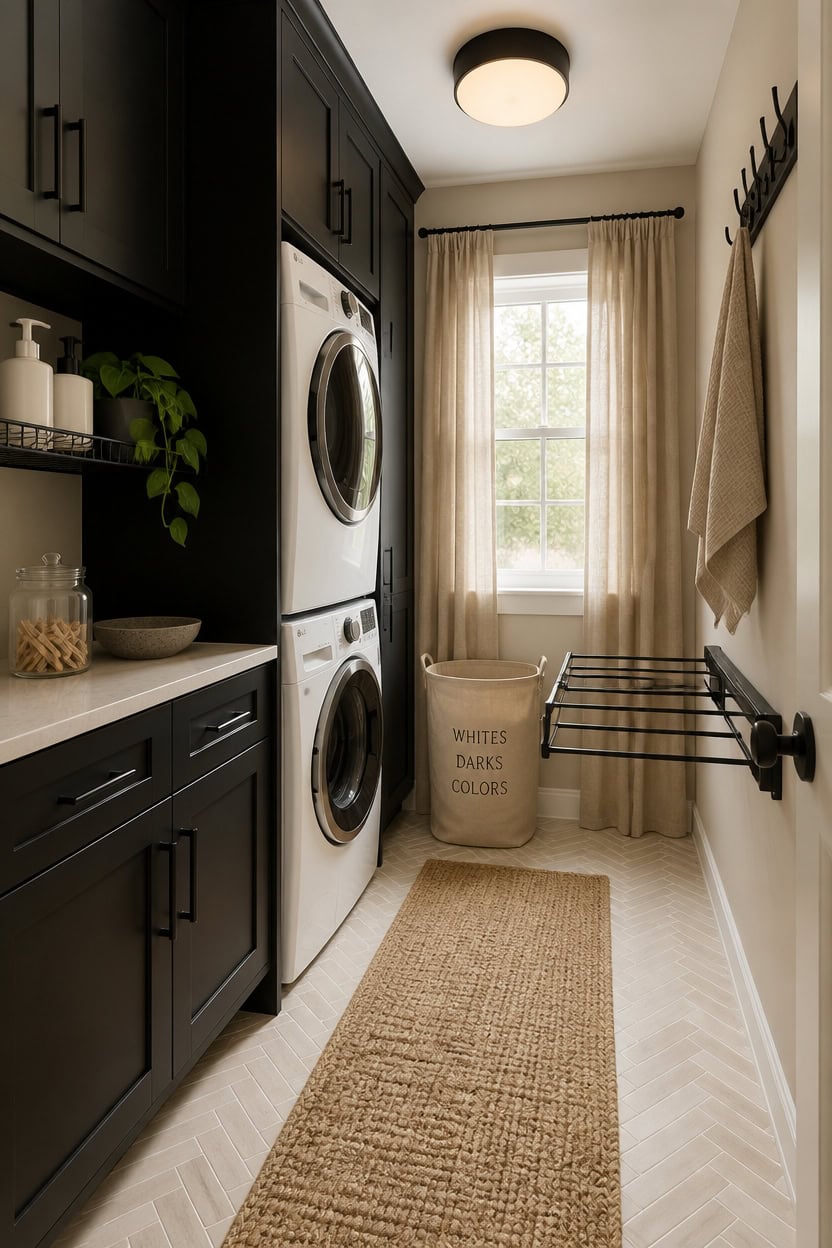 Bright laundry room with black cabinetry, stacked washer and dryer, and a large window with beige cu.