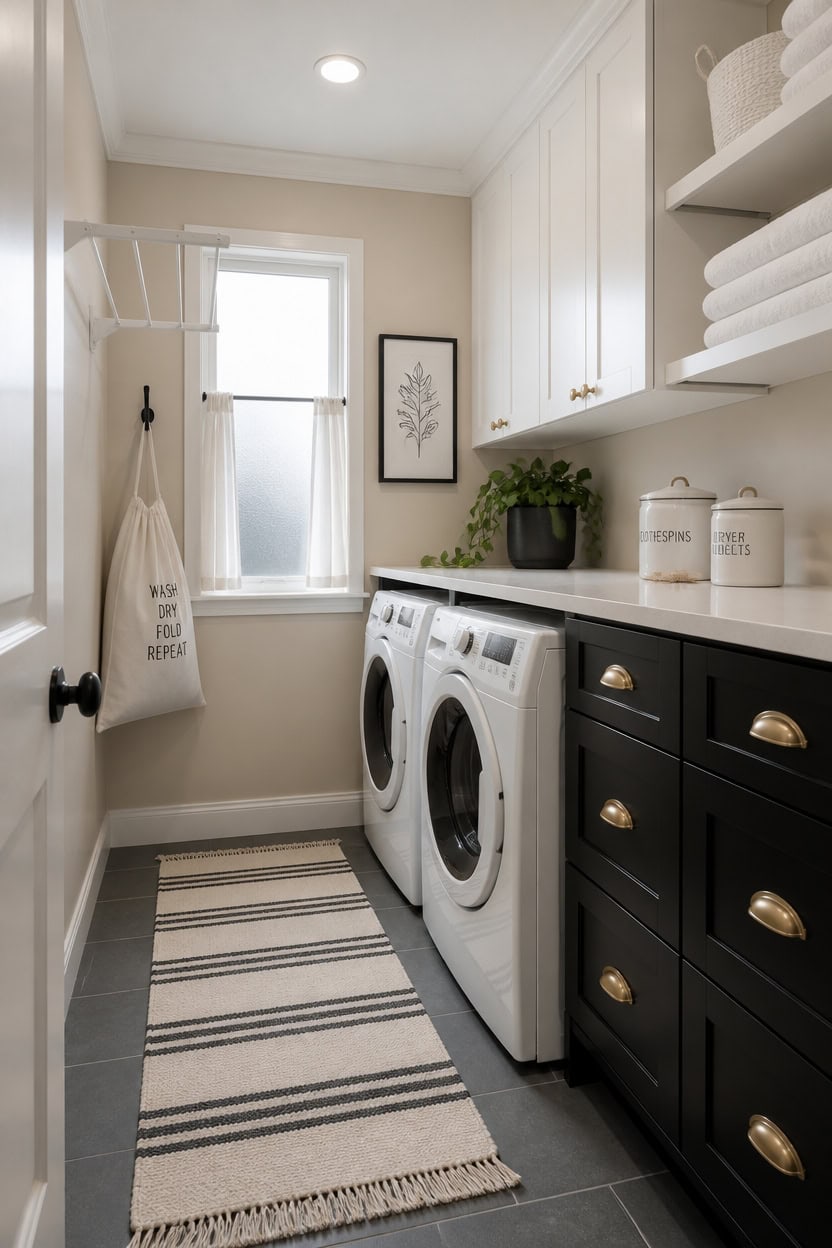 Bright laundry room with washer, dryer, and ample storage space.