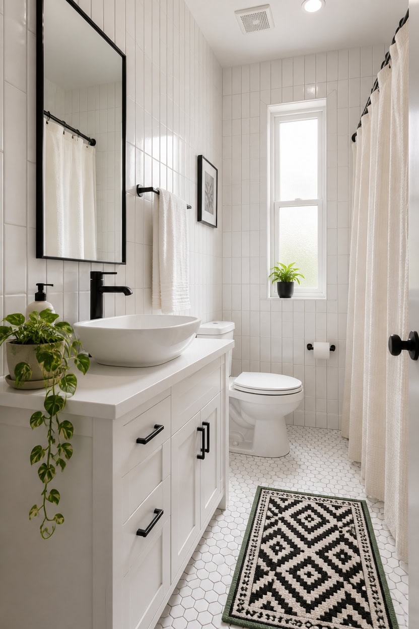 Bright white bathroom with modern vanity, black fixtures, and natural light from a tall window.