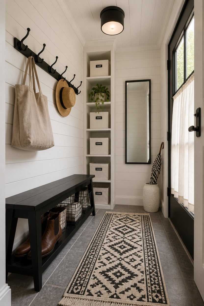 Stylish apartment entryway with hooks, mirror, and storage solutions.