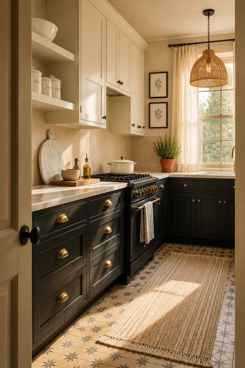 Modern kitchen featuring black lower cabinets, white upper cabinets, and a natural woven pendant lig.