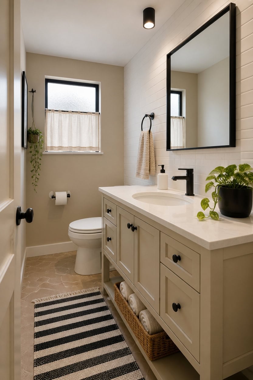Bright bathroom with white vanity, black accents, and natural light.