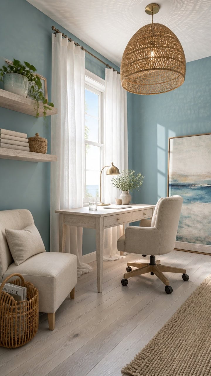 Bright home office with large window, white desk, and comfortable chair, featuring soft blue walls and stylish decor for a re.