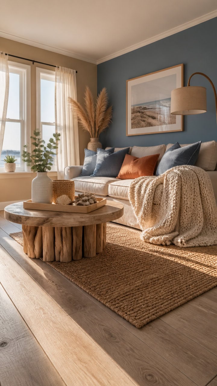 Bright living room with large windows, neutral tones, and stylish decor including cushions, a throw blanket, and a wooden cof.