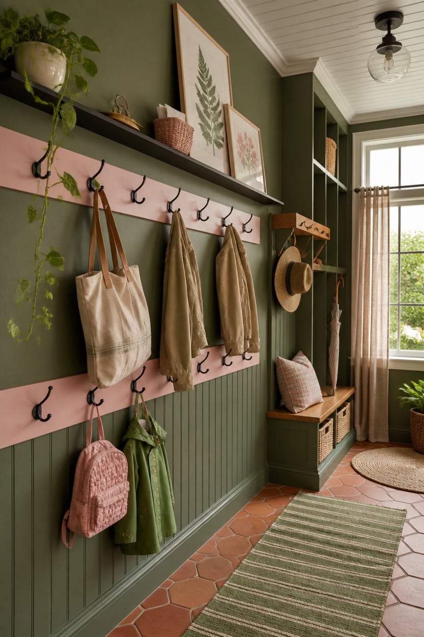 Entryway coat and bag storage with hooks and bench in a cozy, stylish apartment. Perfect for organiz.