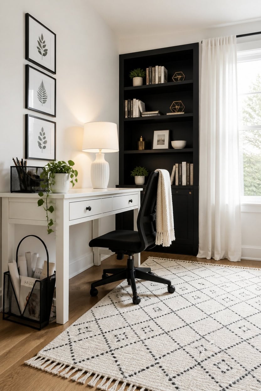 Modern home office with white desk, black bookshelf, and natural light.