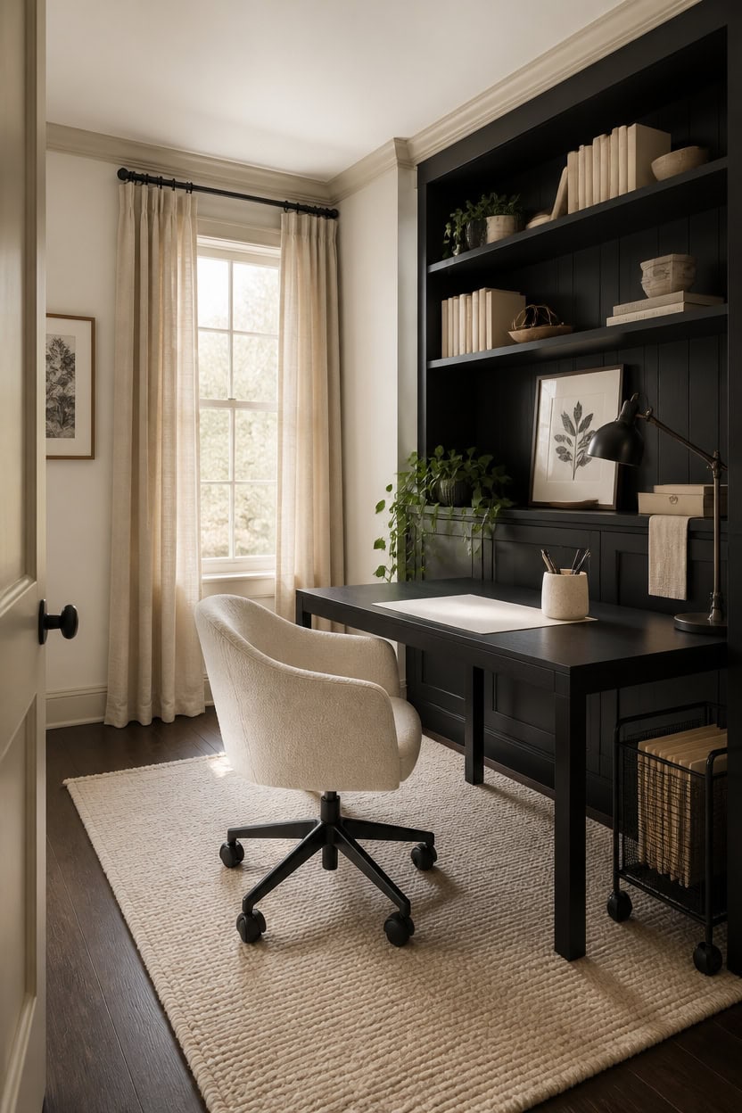Elegant home office with black desk, beige chair, and built-in shelves.