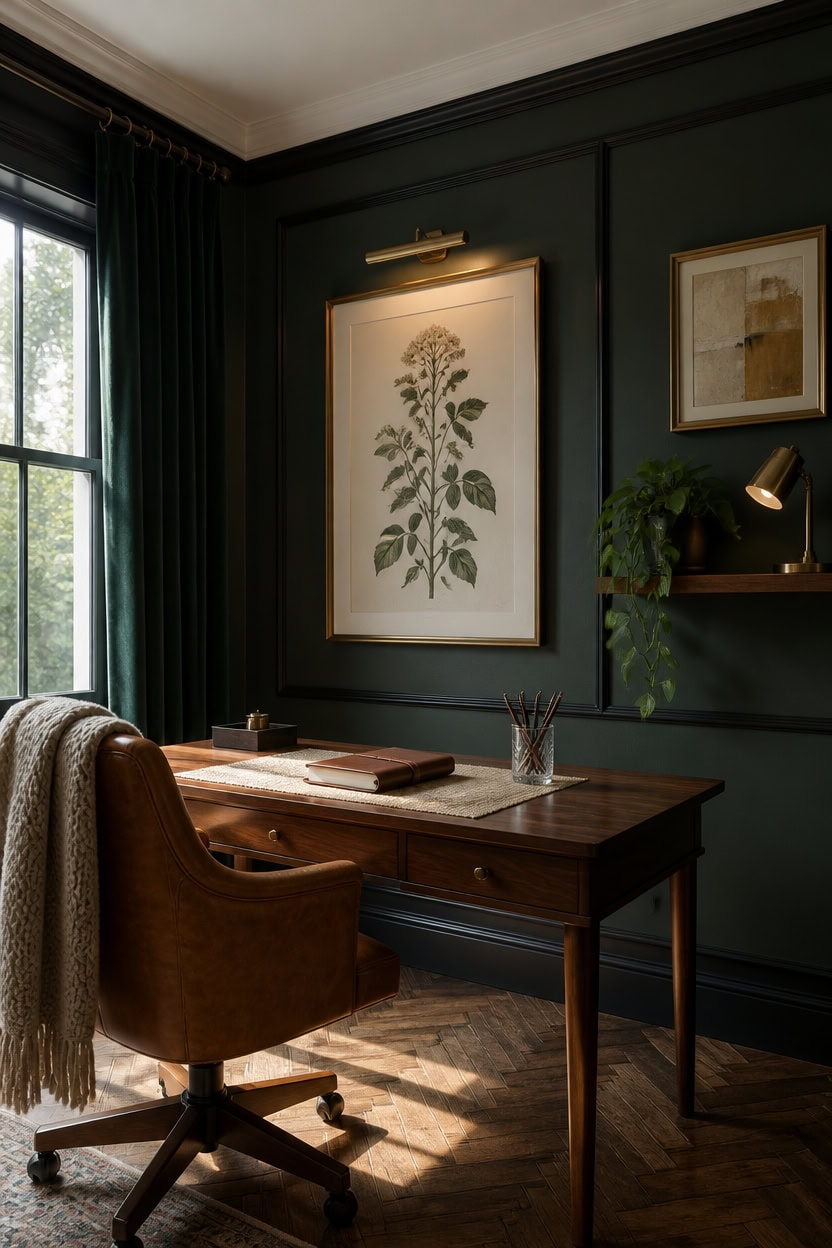 Stylish home office with dark green walls, botanical art, and wooden desk.