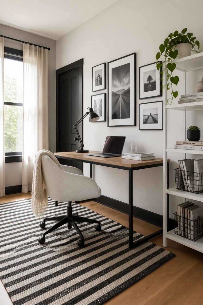 Cozy home office with desk, chair, and wall art at Apartment ABC.