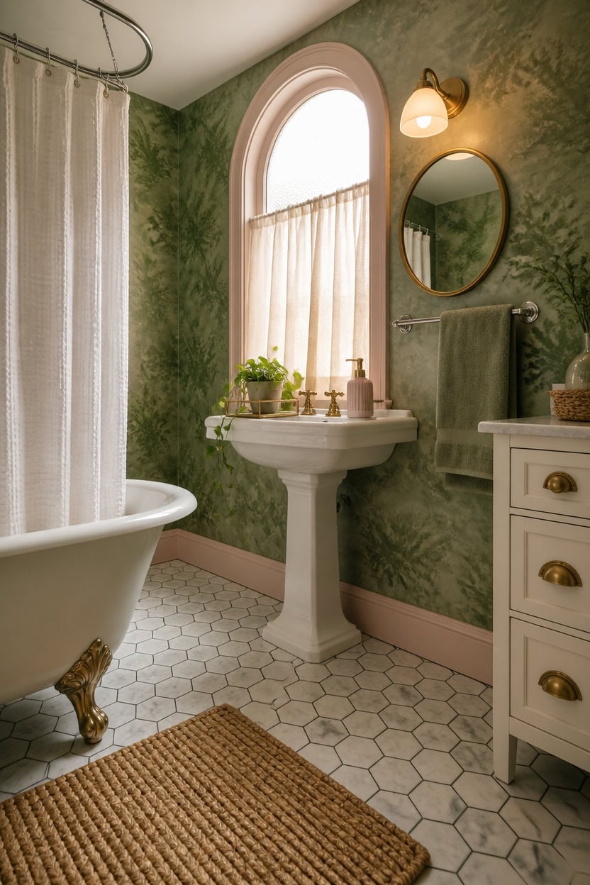 Vintage bathroom with clawfoot tub, pedestal sink, and green textured walls.