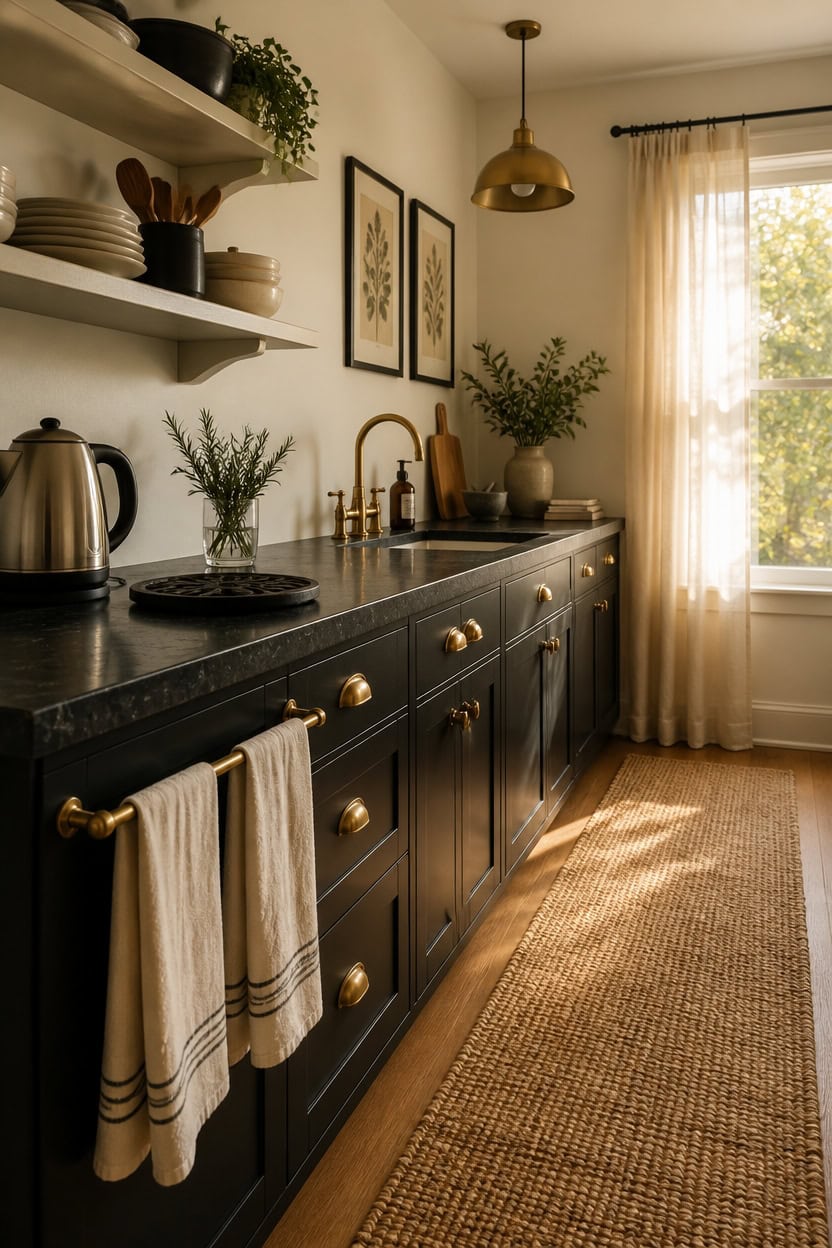 Stylish kitchen with black cabinets, gold hardware, and natural light.