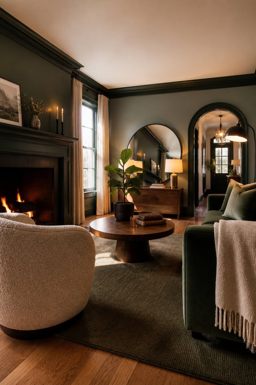 Elegant living room with fireplace, comfortable seating, and stylish decor.