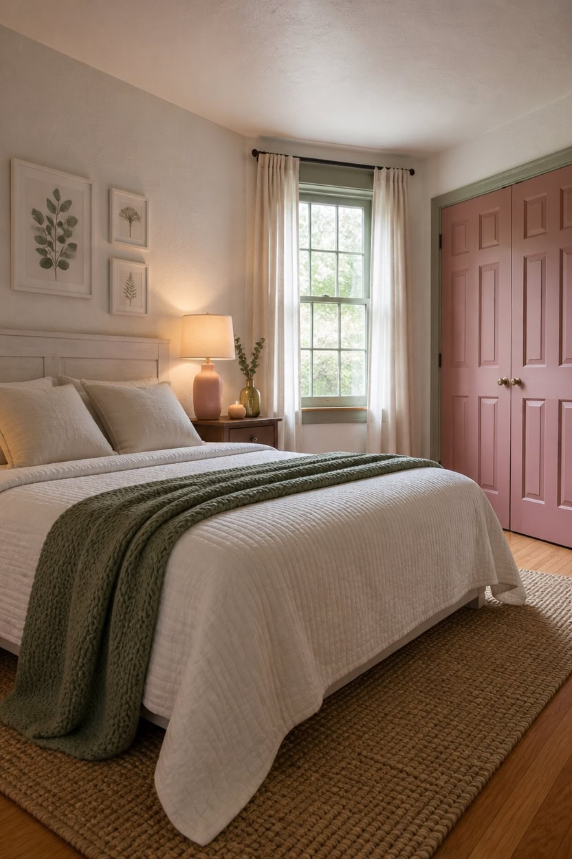 Comfortable bedroom with a large bed, pink closet, and natural light from window.
