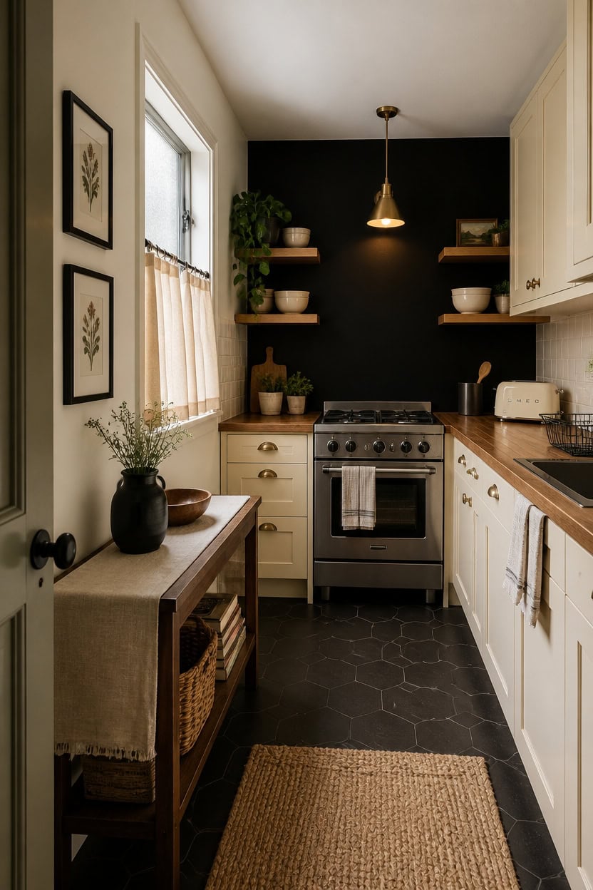 Charming kitchen with black accent wall, white cabinets, and open shelving.