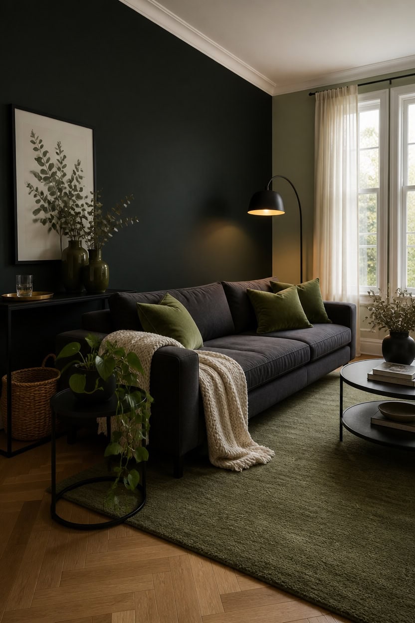 Modern living room with dark accent wall, sofa, and natural light from large window.