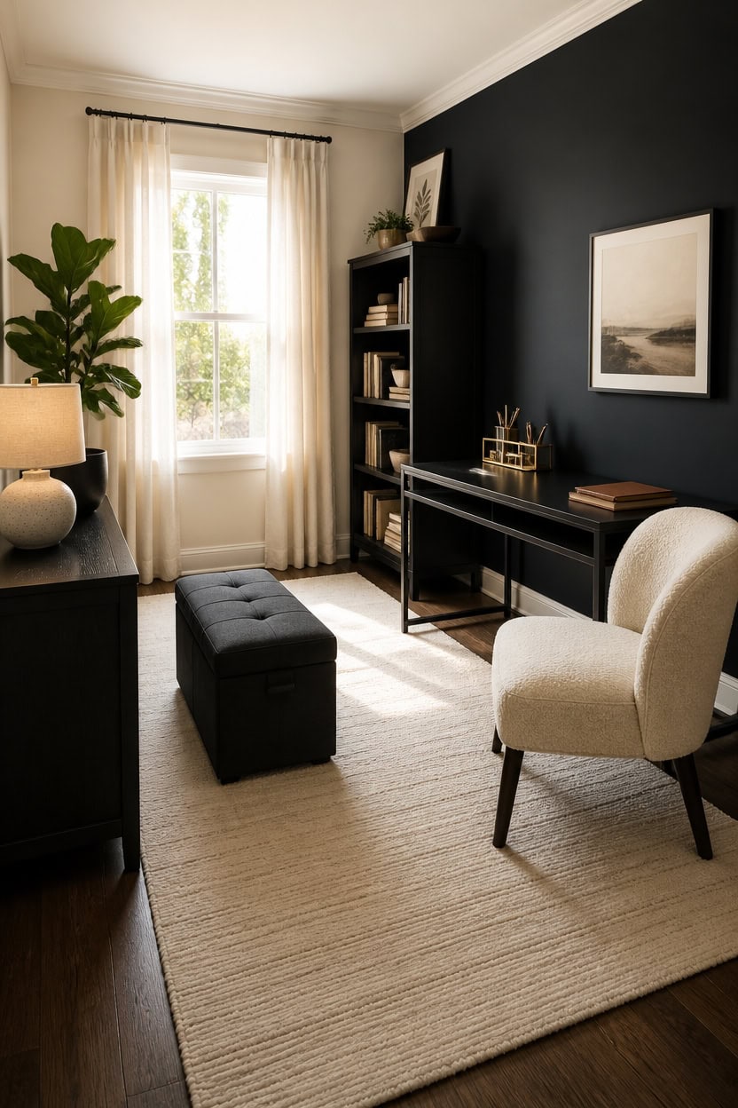 Elegant living room with dark accent wall, beige armchair, and bookshelf.
