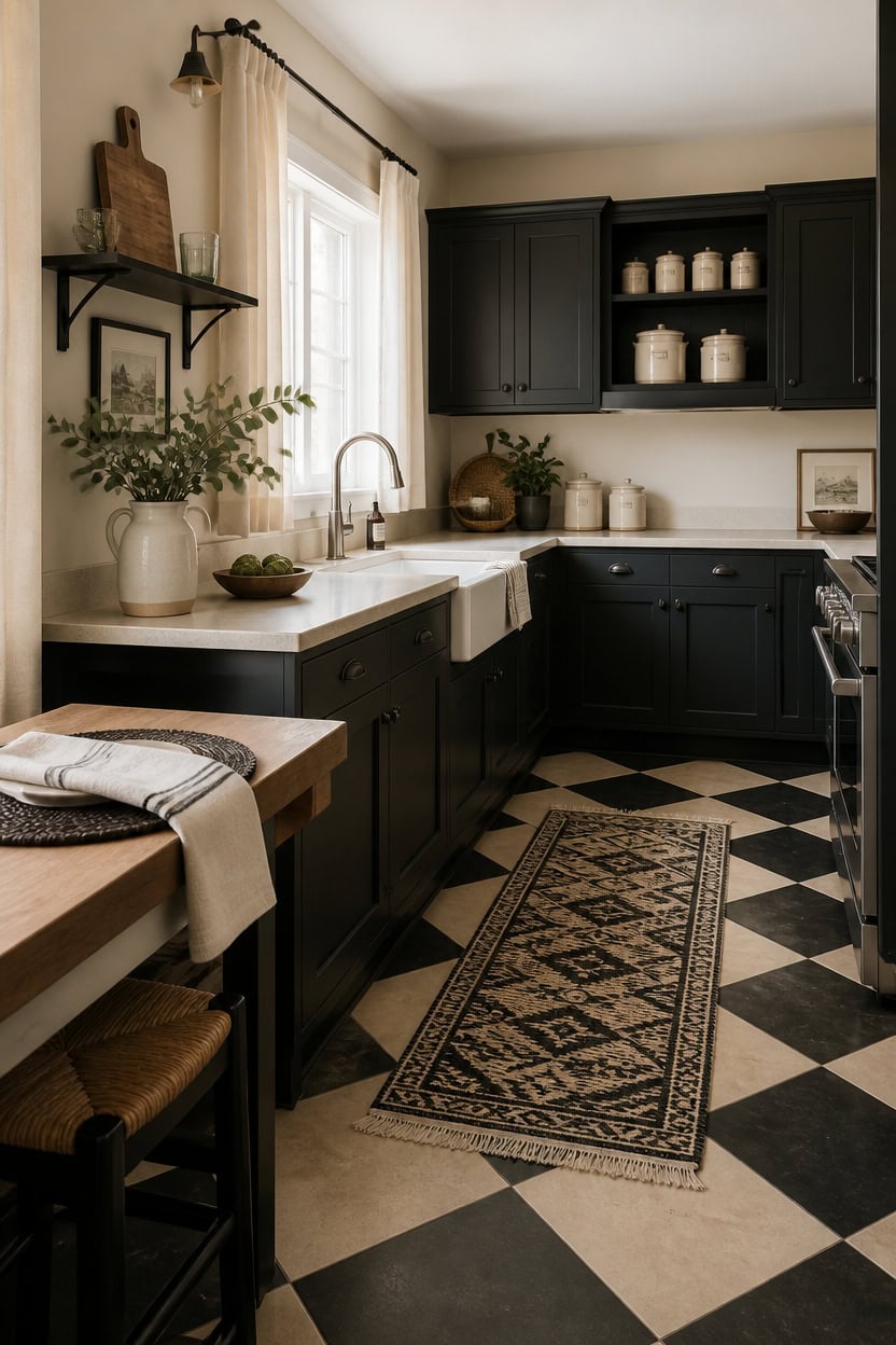 Cozy kitchen with dark cabinets, checkered floor, and natural light from window.