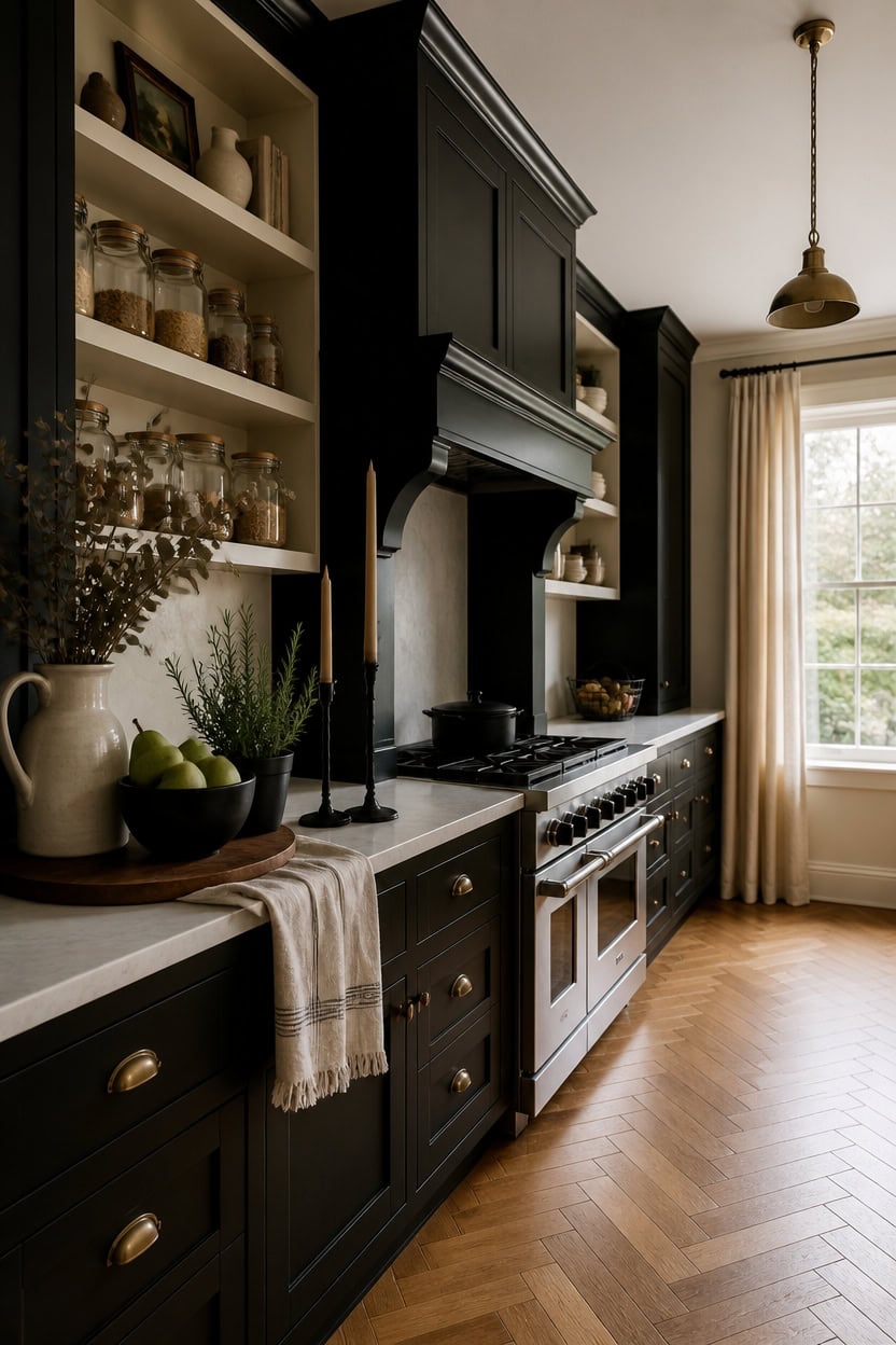 Stylish kitchen with black cabinets, white countertops, and natural light from window.