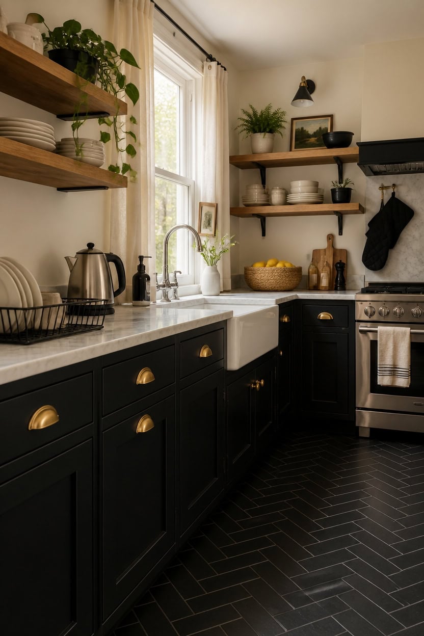 Stylish kitchen with black cabinets, open wooden shelves, and natural light from window.