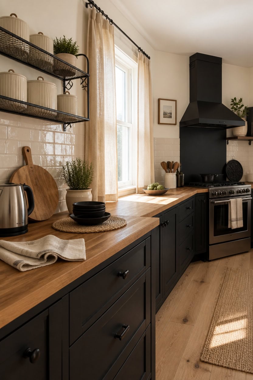 Cozy kitchen with black cabinets, wooden countertops, and open shelving.